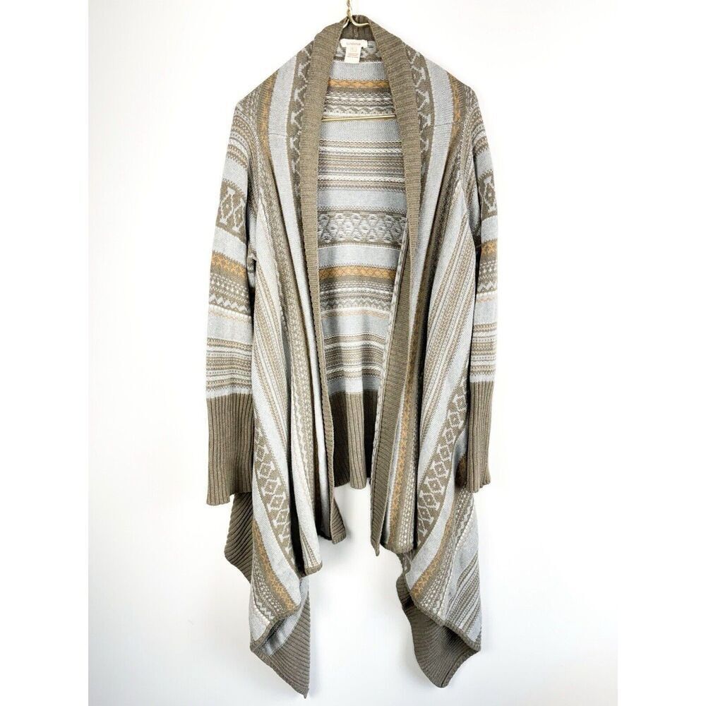 SUNDANCE Sz Large Knit Fair Isle Cotton Open Waterfall Cardigan Sweater